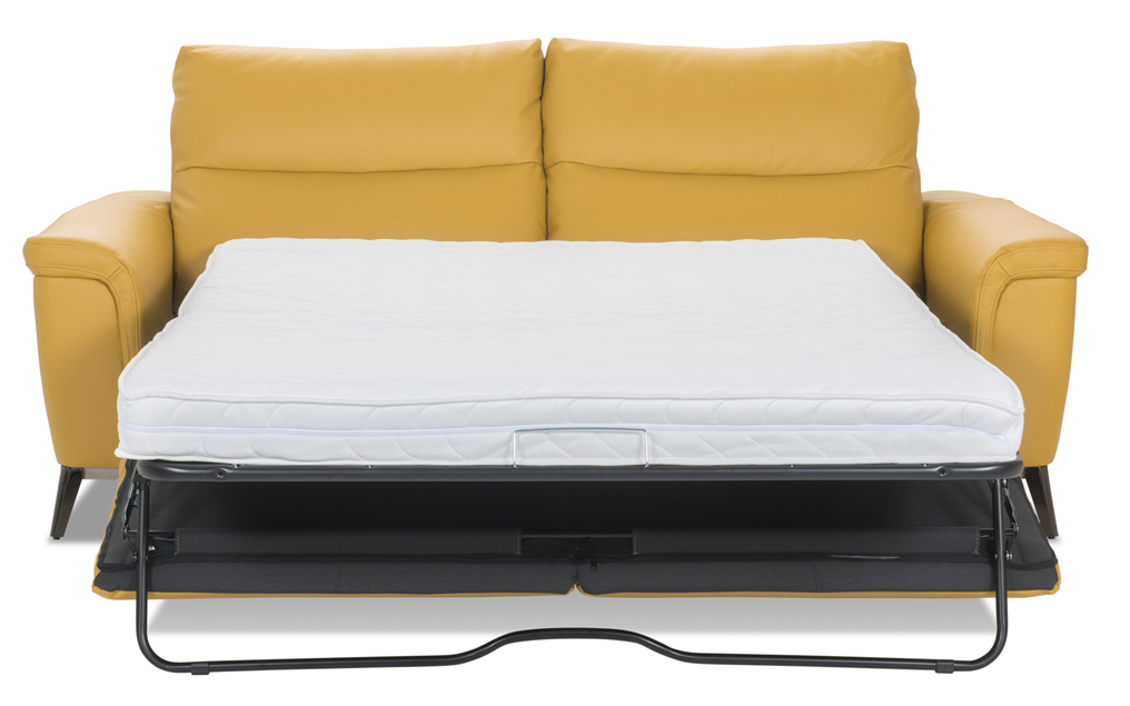 Sofa Vero Verbena w żółtej skórze z rozkładanym łóżkiem